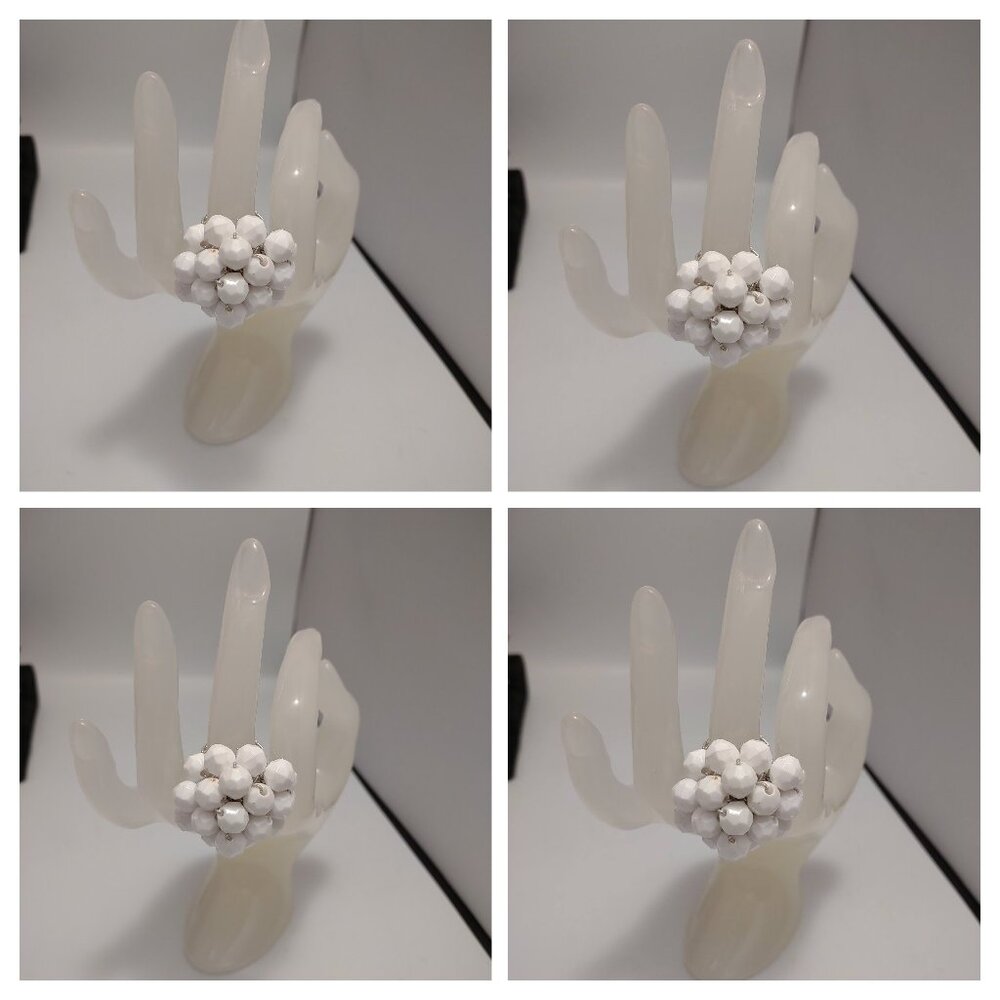 Lot of 4 White Vintage Rings Handmade Crocheted 1970 Elastic Stretch Bauble